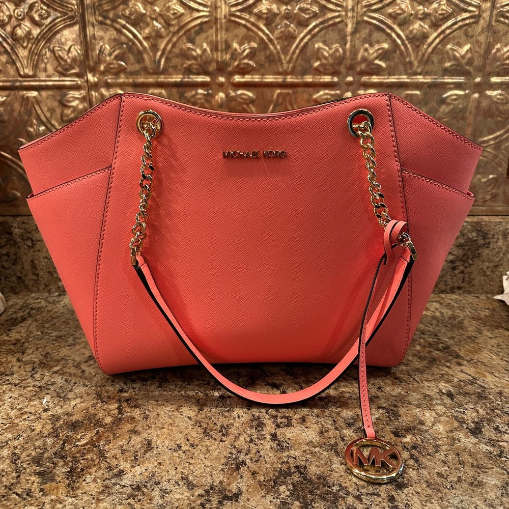 Michael Kors Jet Set Travel Long Chain Shoulder Tote Leather Grapefruit